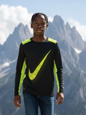 Nike Boys Black & Flourescent Yellow Long-Sleeve Dri-FIT Top XL   EUC